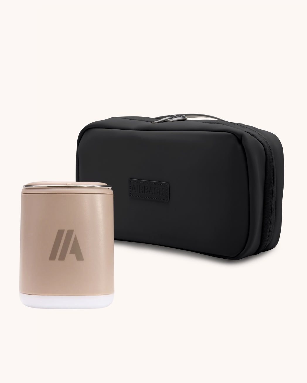 Black toiletry bag and beige thermos with a logo on a white background